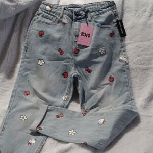HOT TOPIC Hello Kitty Light Blue BAGGY Jeans with Cherry and Floral Print.